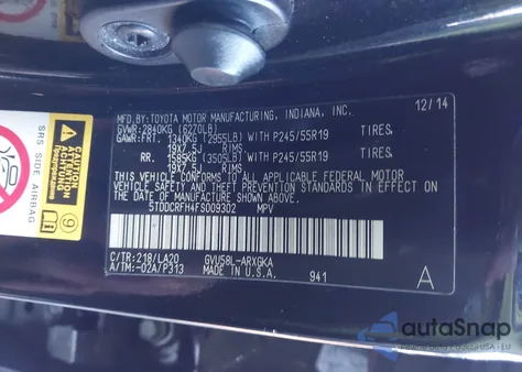 2015 Toyota Highlander Hybrid Limited from USA, damaged, VIN 5TDDCRFH4FS009302